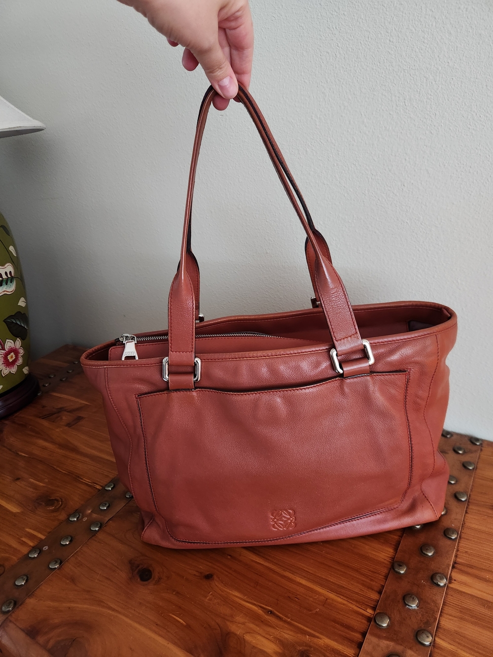 Leather Tote Handbag in Cognac Brown - Brand: